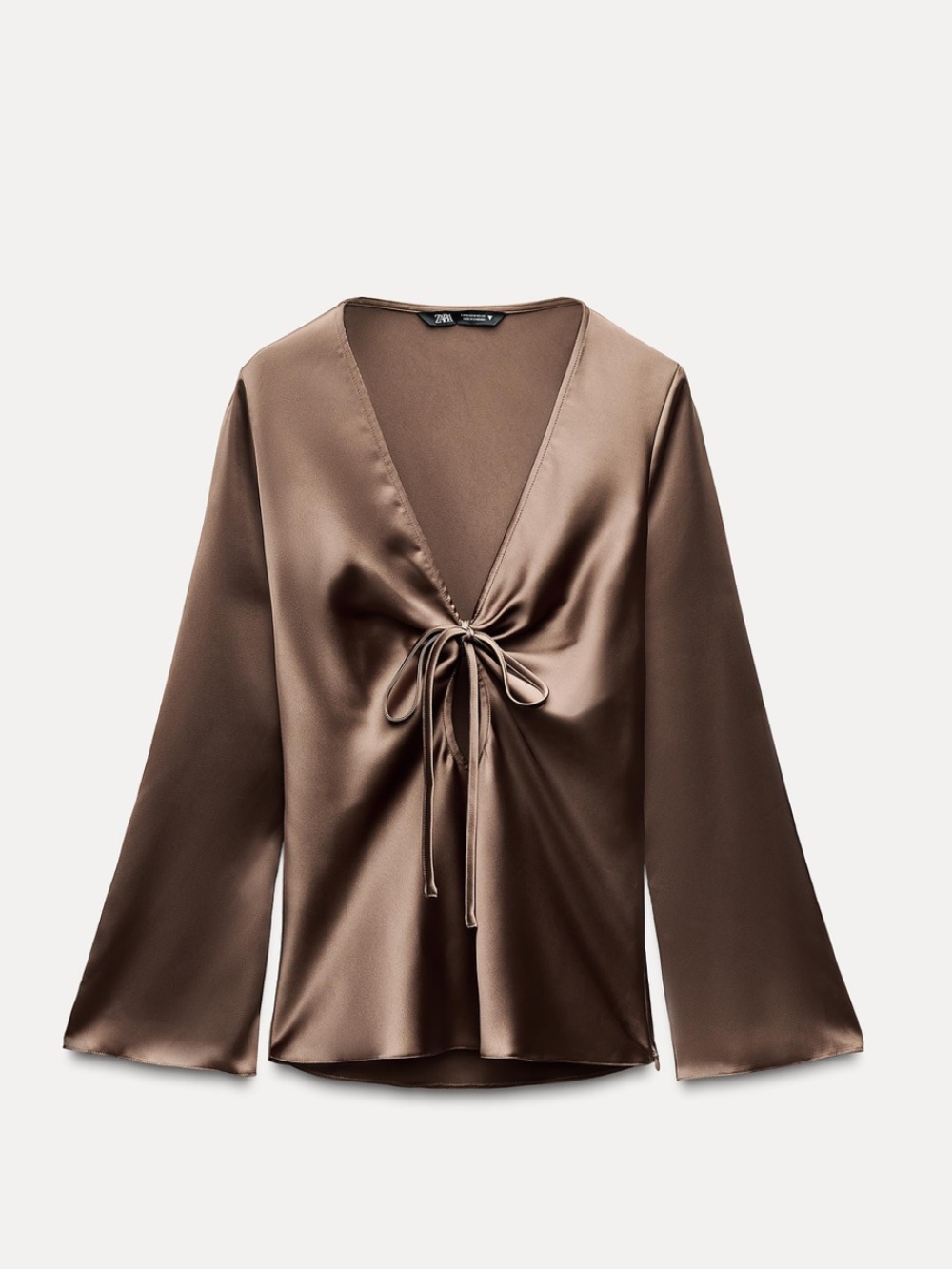 Zara Satin Tie-Front Blouse in Brown